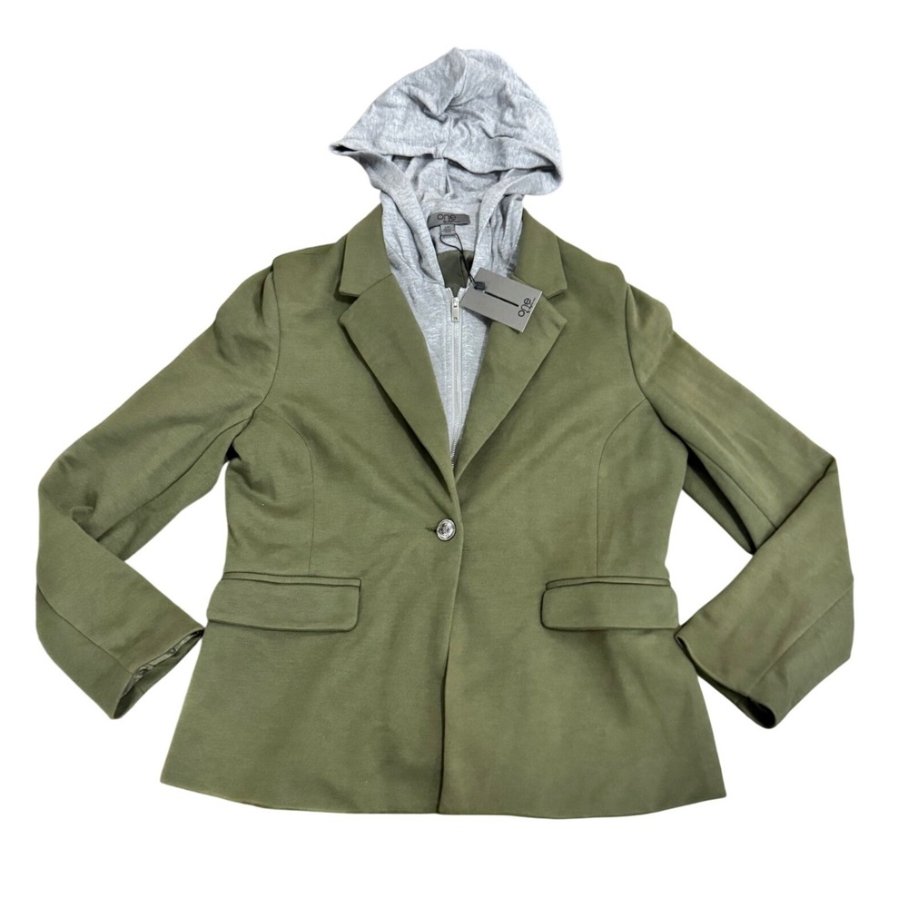 One By Chapter One Jacket Womens L Olive Green Blazer Hoodie Hybrid Zip Layered